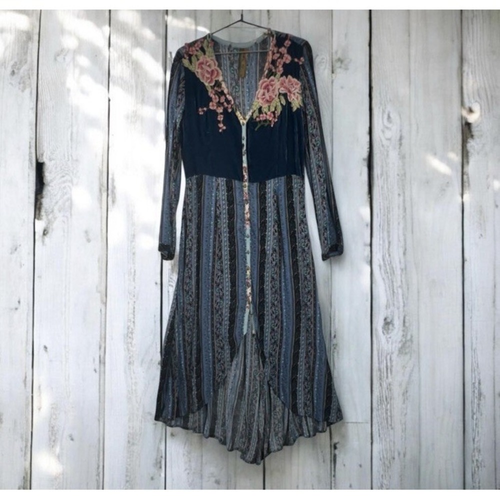 Anthropologie Aratta Silent Journey Blue Velvet Maxi Dress Embroidered Womens XL
